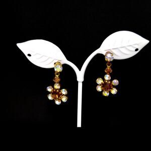Vintage AB Rhinestone Drop Earrings, Gold Tone Screw Backs, 1950s Jewelry